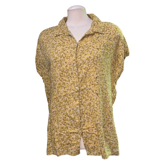 Old Navy Yellow Floral Button-Up Blouse Sz XL Lightweight Linen Top Womens - Picture 1 of 9